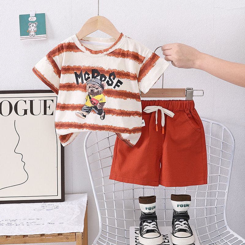 Ensemble deux pièces à manches courtes pour enfants, style décontracté et élégant, col rond, motif dessin animé, tendance, nouvelle collection été 2025_voghion.com