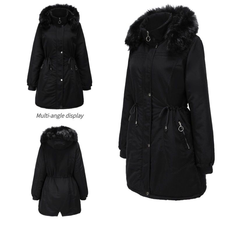 high-end women's cotton fleece mid-length black large size hooded cotton jacket warm fleece coat_voghion.com