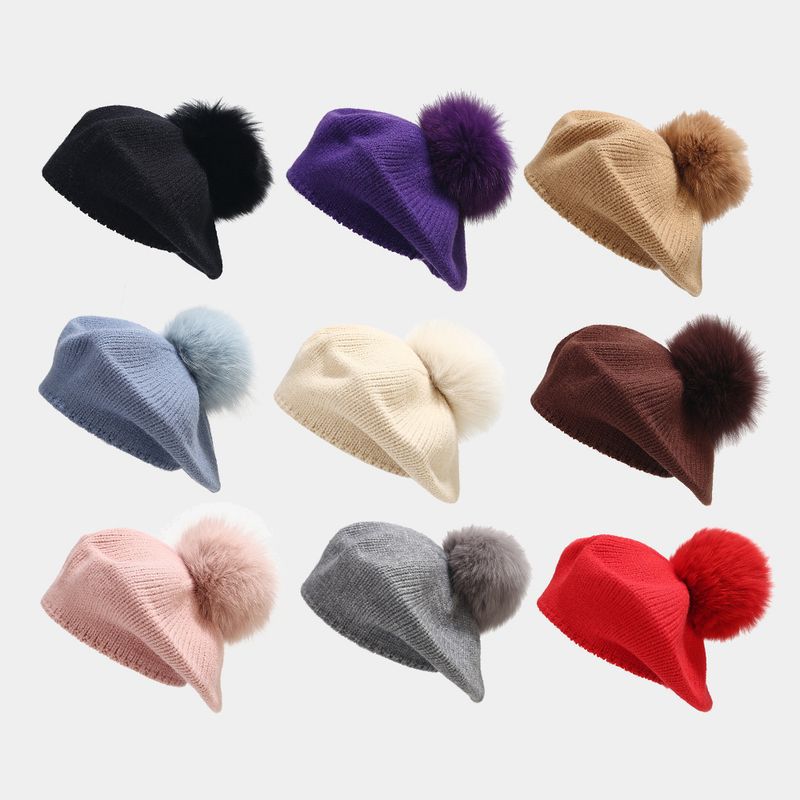 Hot Sale Women'S Elegant Removable Fox Fur Ball Berets Autumn Winter Warm Knitted Beanie Hats For Girls Solid Colour Elastic_voghion.com