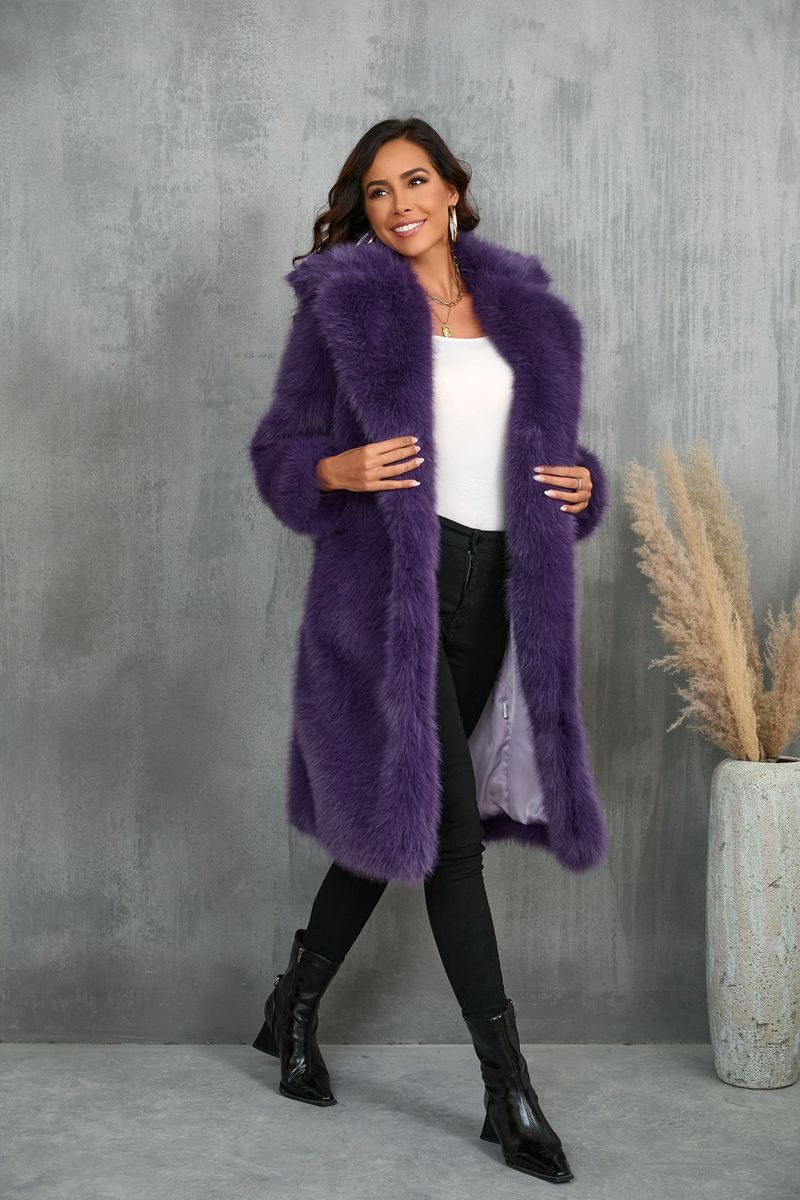 Women's Clothing Women’s Longline Faux Fur Coat – Plush Fox-Like Collar, Oversized Blazer Style, Warm Winter Jacket (Purple/Taupe/Pink, S-XXXL)_voghion.com