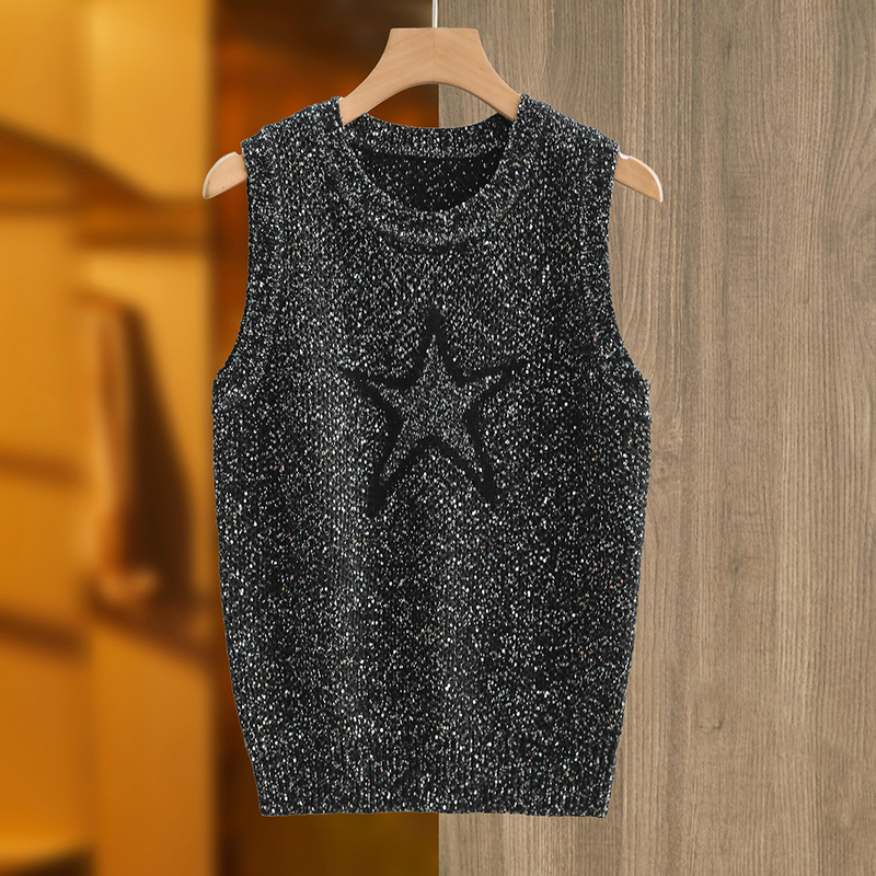 Frauen Sommer neue perlen garn pailletten fünfzackigen stern BLINGBLING kleine rundhals ärmellose dame temperament weste top_voghion.com