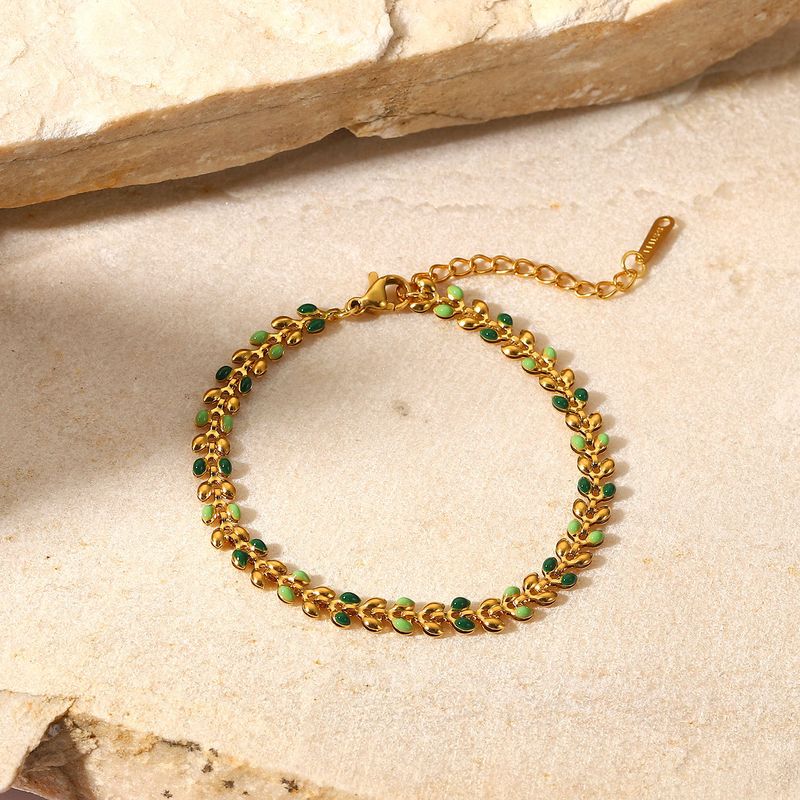 INS femmes nouveau or vert goutte huile feuille d'olivier en acier inoxydable mode Style Bracelet bijoux_voghion.com