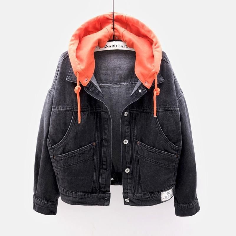 Jeansjacke für Studentinnen im koreanischen Stil, lockerer Kurzmantel, langärmelige Kapuzenjacke, mehrere Taschen, All-Match-Oberteile, Herbst und Winter_voghion.com
