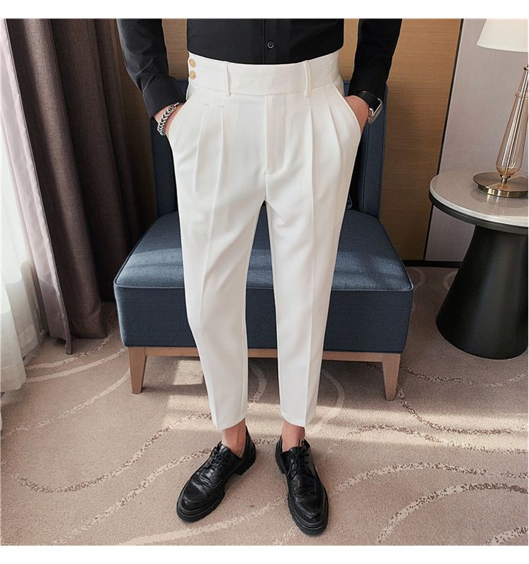 Pantaloni napoletani da uomo nuovi di zecca, in twill strutturato, con vita a pieghe, design casual a nove punte, vita media e alta_voghion.com