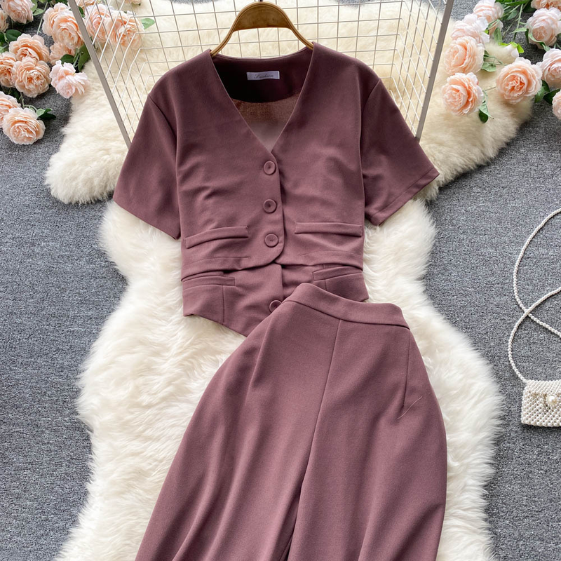 Camisola de verão feminina curta com decote em v camisa jaqueta cintura alta calças largas conjunto de três peças_voghion.com