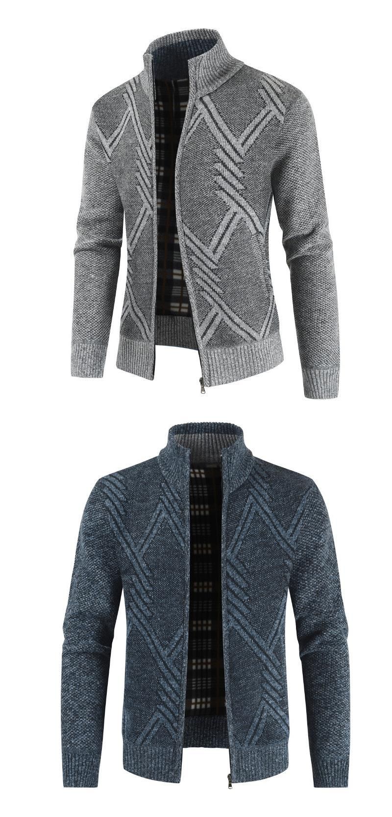 Men's slim fit stand up collar, thickened velvet geometric shape knitted sweater, plus size cardigan jacket_voghion.com