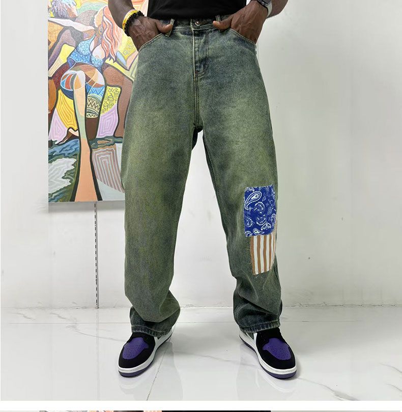 Neue trendige Jeans mit Block-Fashion-Patch für Herbst und Winter für Herren, lockere Hose mit weitem Bein im rustikalen Stil, Retro-Jeans mit verwaschenem geradem Bein_voghion.com