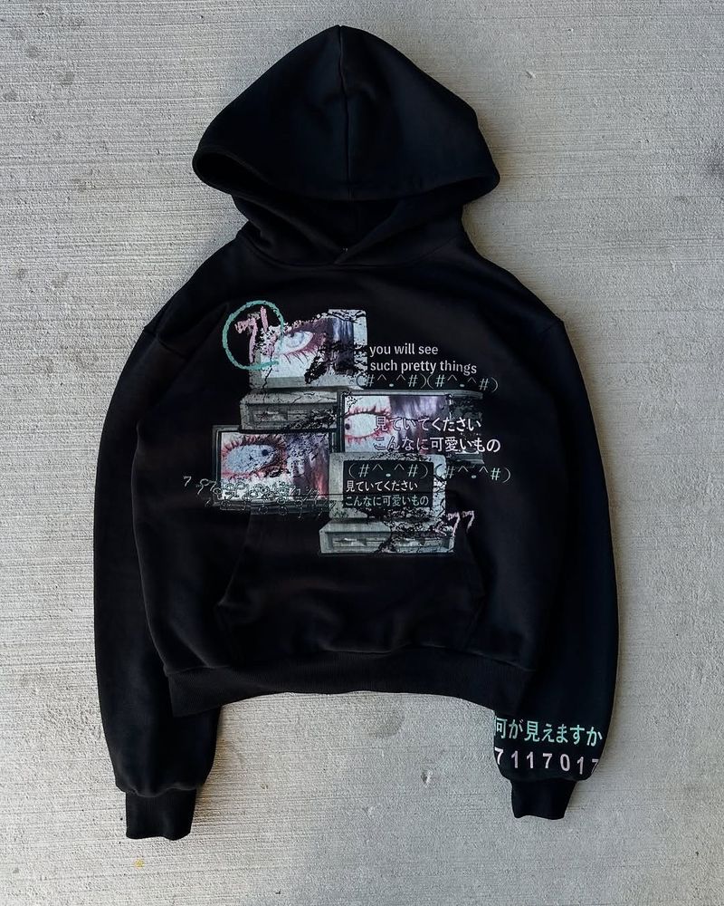 Y2K Dark Print Hoodie Herren Retro Streetwear Pullover | Weicher Polyester Oversize Pullover | Vintage Grafik Unisex Kapuzenjacke (Schwarz, S-4XL)_voghion.com