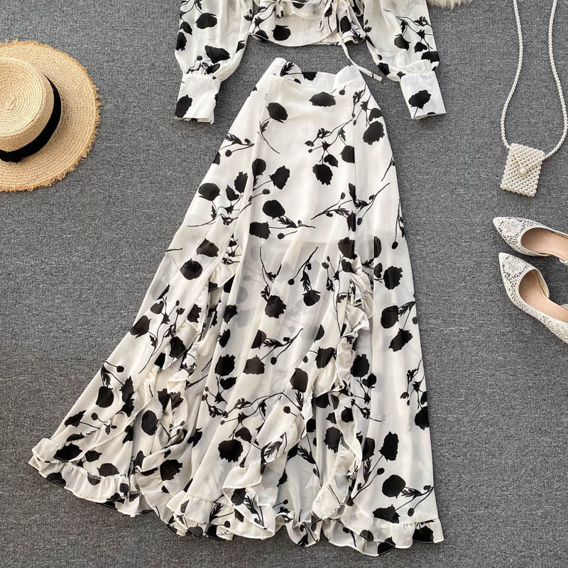 Chemise courte en mousseline de soie imprimée de style resort pour femmes, avec jupe fendue à bords d'oreilles funky, ensemble deux pièces tendance_voghion.com