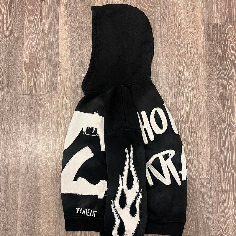 Felpa con toppa a pistola ricamata da uomo, stile street gothic, ampia e casual._voghion.com