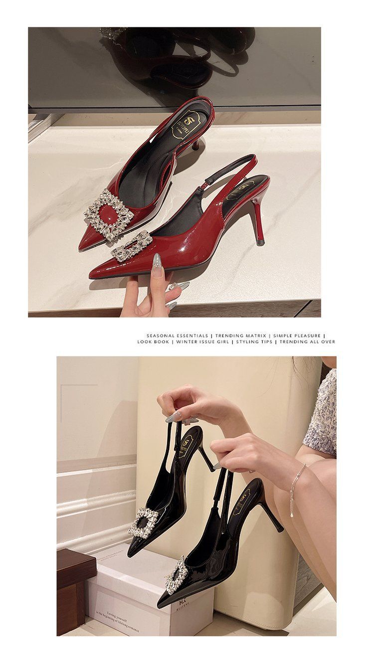 Sandalias de tacón bajo estilo francés con hebilla de diamantes de imitación para mujer: zapatos de vestir sexis con punta puntiaguda y espalda abierta con tira en el tobillo, zapatos de verano a la moda._voghion.com