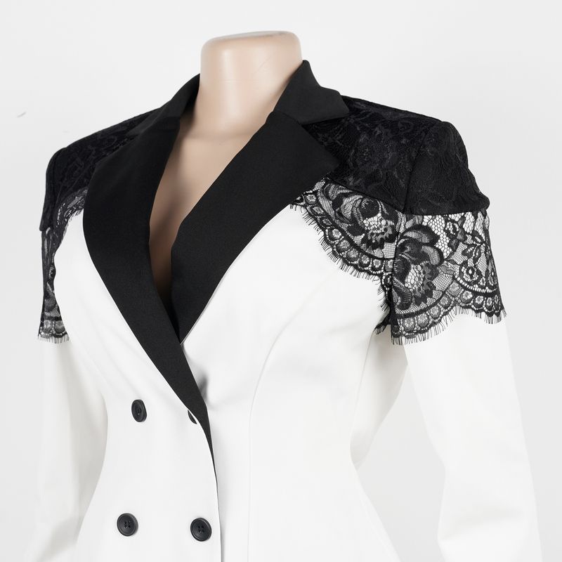 Conjunto de terno elegante com painel de renda elástica para mulheres - Blazer e calça slim fit (preto/roxo/azul, P-3GG)_voghion.com