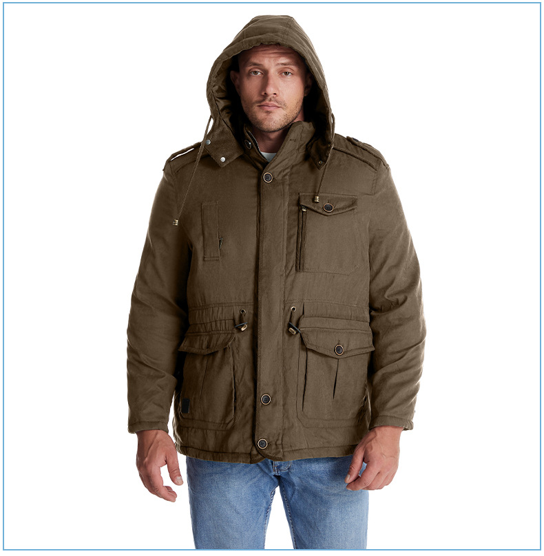 Men's Plus Size Shearling Hooded Cotton Jacket Thickened Multi-Pocket Cotton Top Casual Mid-Length Coat_voghion.com