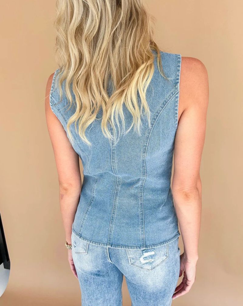 Gilet en jean classique pour femme – Veste légère sans manches pour superposer printemps-été_voghion.com