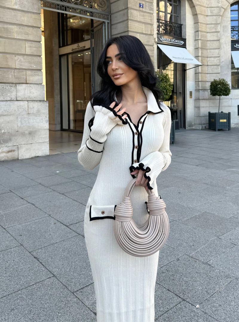 Abbigliamento da donna Abito arricciato Abito lavorato a maglia Orecchini a bottone con risvolto a maniche lunghe _voghion.com
