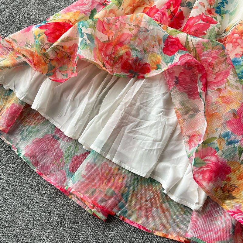 Women's clothing women's two-piece suit, ladylike temperament, lantern sleeve button-down slim-fitting top, high waist printed mesh skirt_voghion.com
