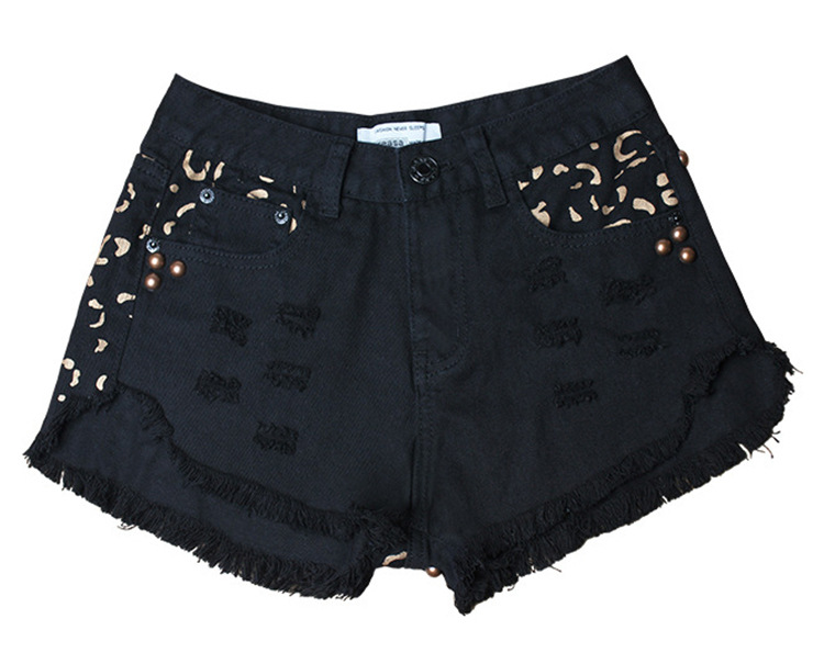 Abbigliamento da donna, pantaloncini in denim con rivetti strappati, pantaloni caldi stampati a vita alta, a gamba larga_voghion.com