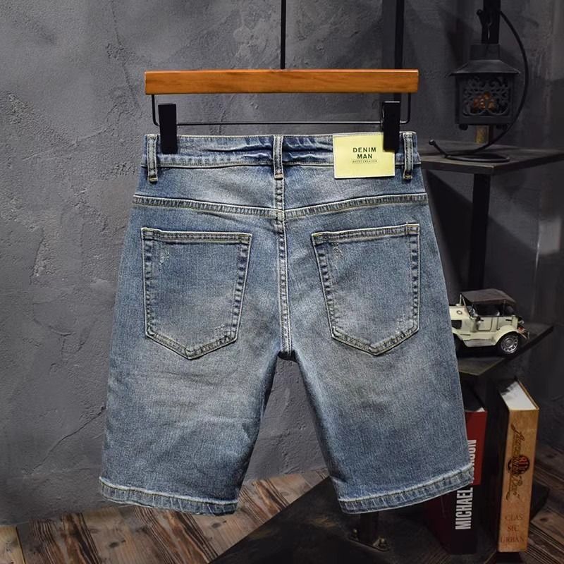 Pantalones cortos vaqueros azules vintage de verano para hombre, con bordado de cinco puntos, lavados y rayados, modernos, versátiles y elásticos._voghion.com