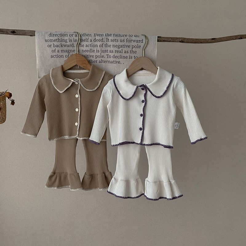 INS Spring Autumn Baby Shell Knitted Split Set for Girls Babies with contrasting color cardigan and flared pants_voghion.com