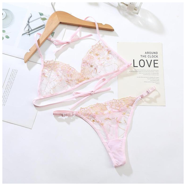 Dámské sexy spodní prádlo Set Flower Bra Thong 2 kusy měkké síťované průsvitné ramínko transparentní spodní prádlo body bikiny_voghion.com