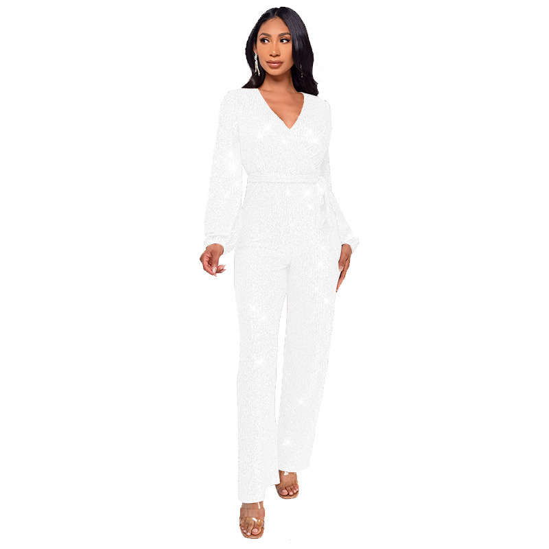 Damkläder Ins Style Deep V Mode Casual Jumpsuit Långärmat Bälte Paljett Jumpsuit Dam_voghion.com
