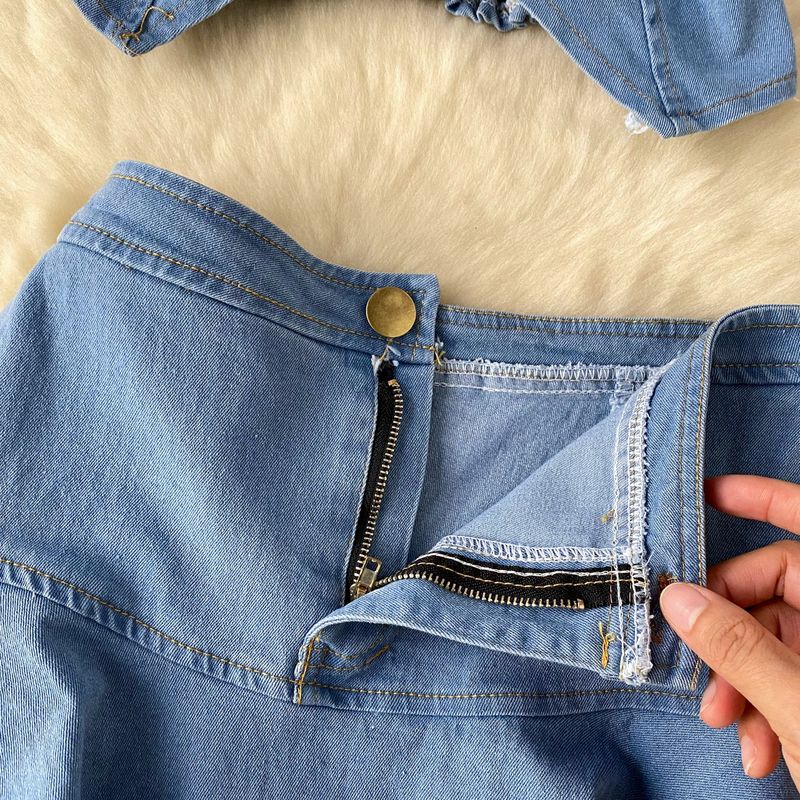 Damenbekleidung Reiner Jeansrock-Anzug im Hot-Girl-Stil für Frauen im Sommer, freiliegendes Hosenträger-Tube-Top, Weste + kurzer, hoch taillierter Rüschenrock_voghion.com