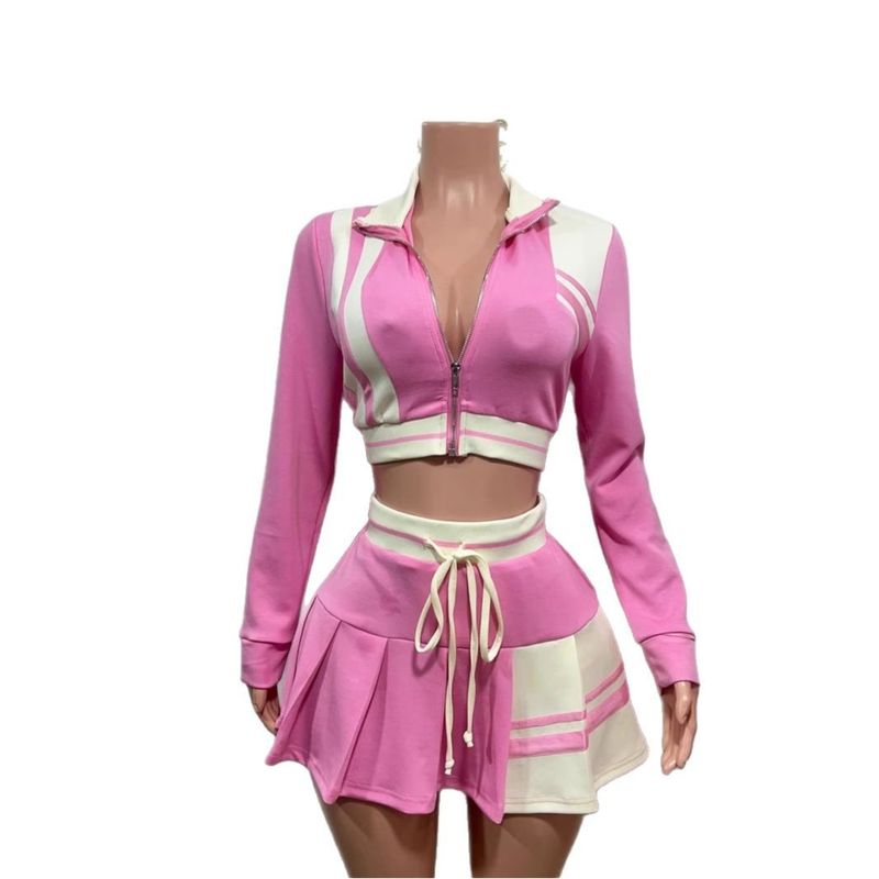 2025 Frühling Damen Street Style Color Block Jacke Top und Mode Kurzer Rock Zweiteiliges Set für Frauen_voghion.com