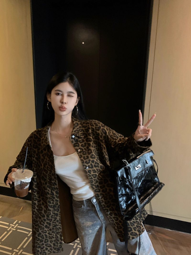 Giacca oversize casual con stampa leopardata per donna, stile americano autunnale, vestibilità ampia e dal design unico_voghion.com