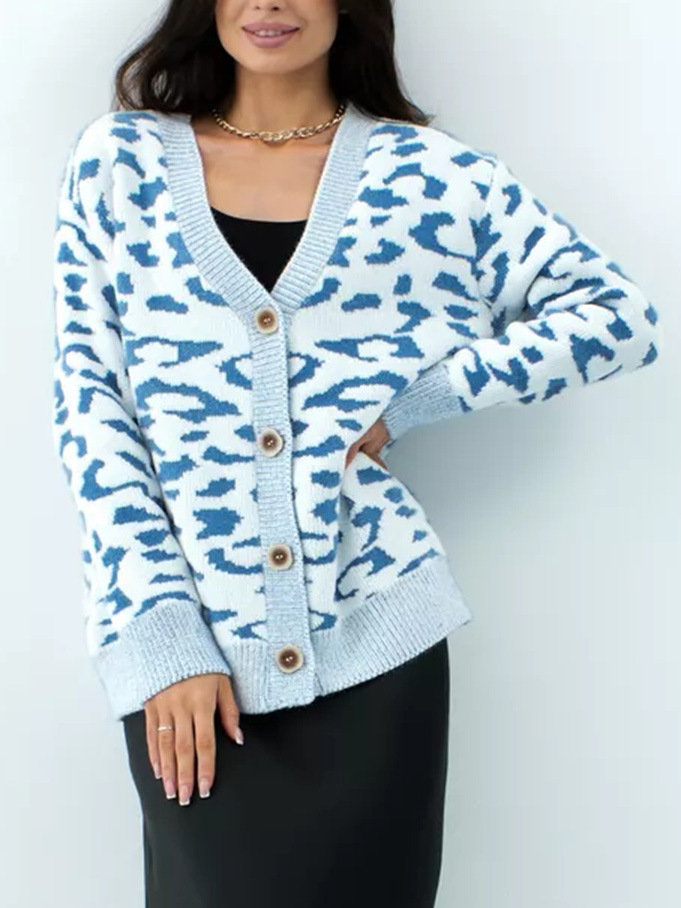 Cardigan tricoté imprimé léopard pour femme, veste pull à simple boutonnage, col en v, nouvelle collection automne et hiver_voghion.com