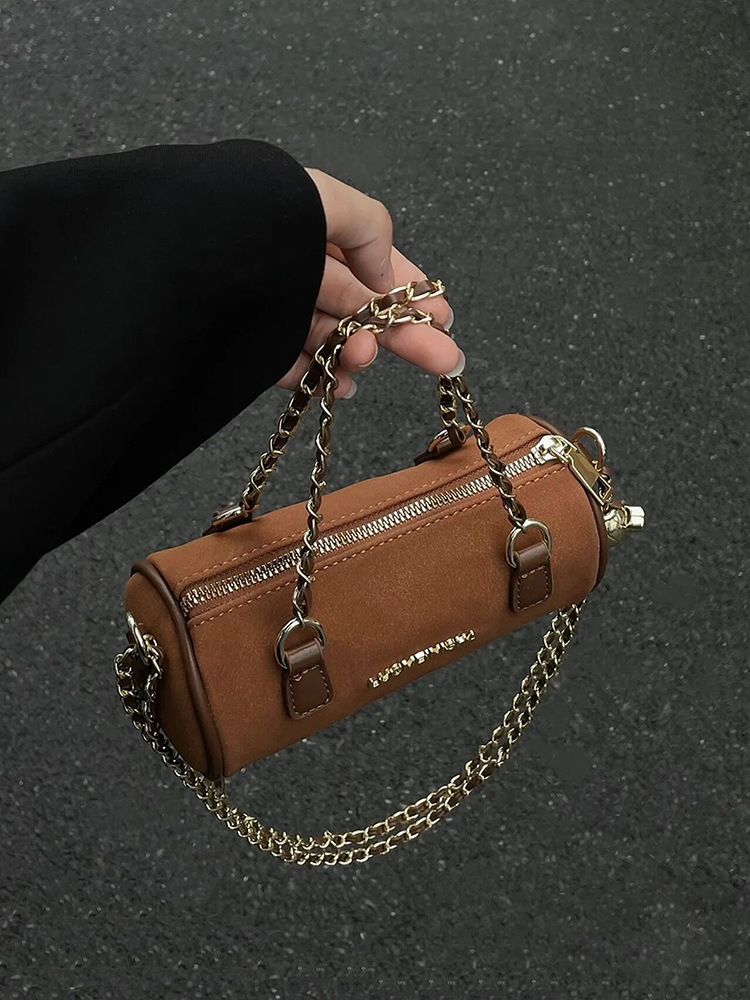 2024 new retro chain cylinder bag suede soft surface handbag messenger bag female niche design pillow bag_voghion.com