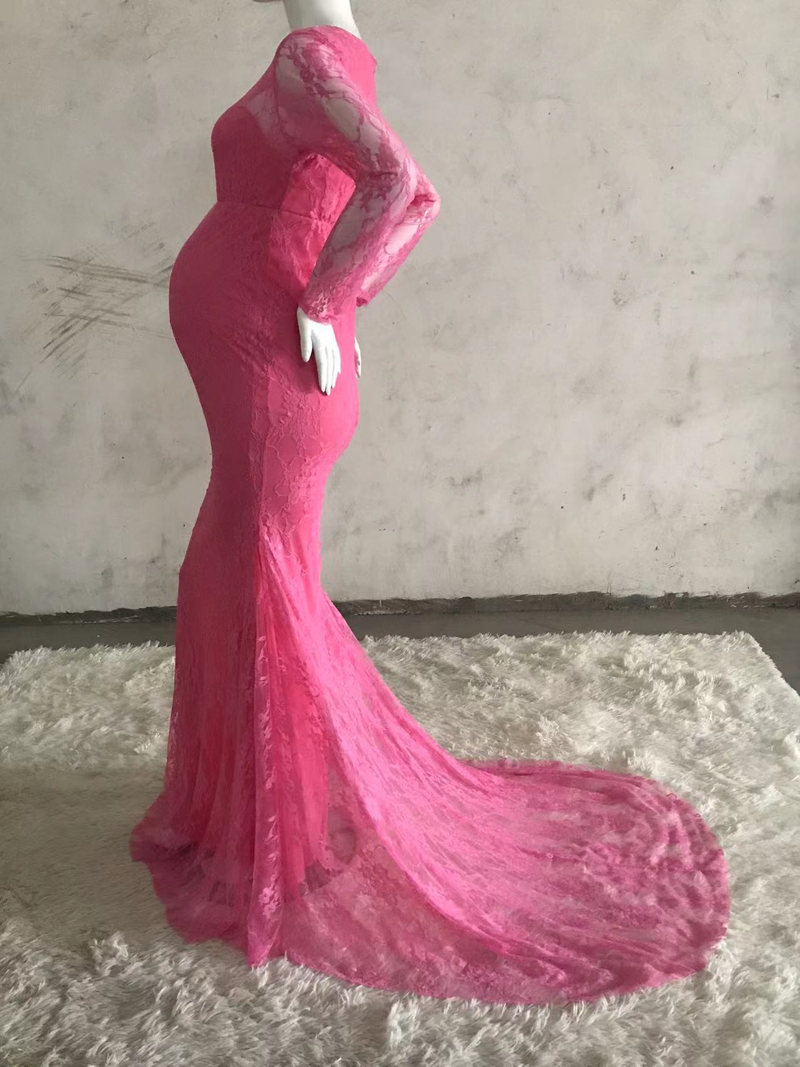 Abito da sera premaman in pizzo con scollo rotondo e strascico, abito lungo da donna_voghion.com