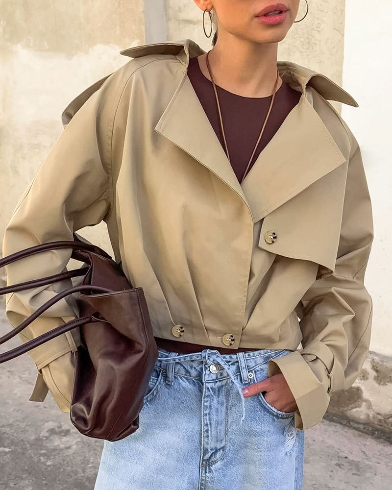 Women's Khaki Double-Breasted Trench Coat With Notched Lapel – Casual Blazer Jacket For Fall, Comfortable & Stylish_voghion.com