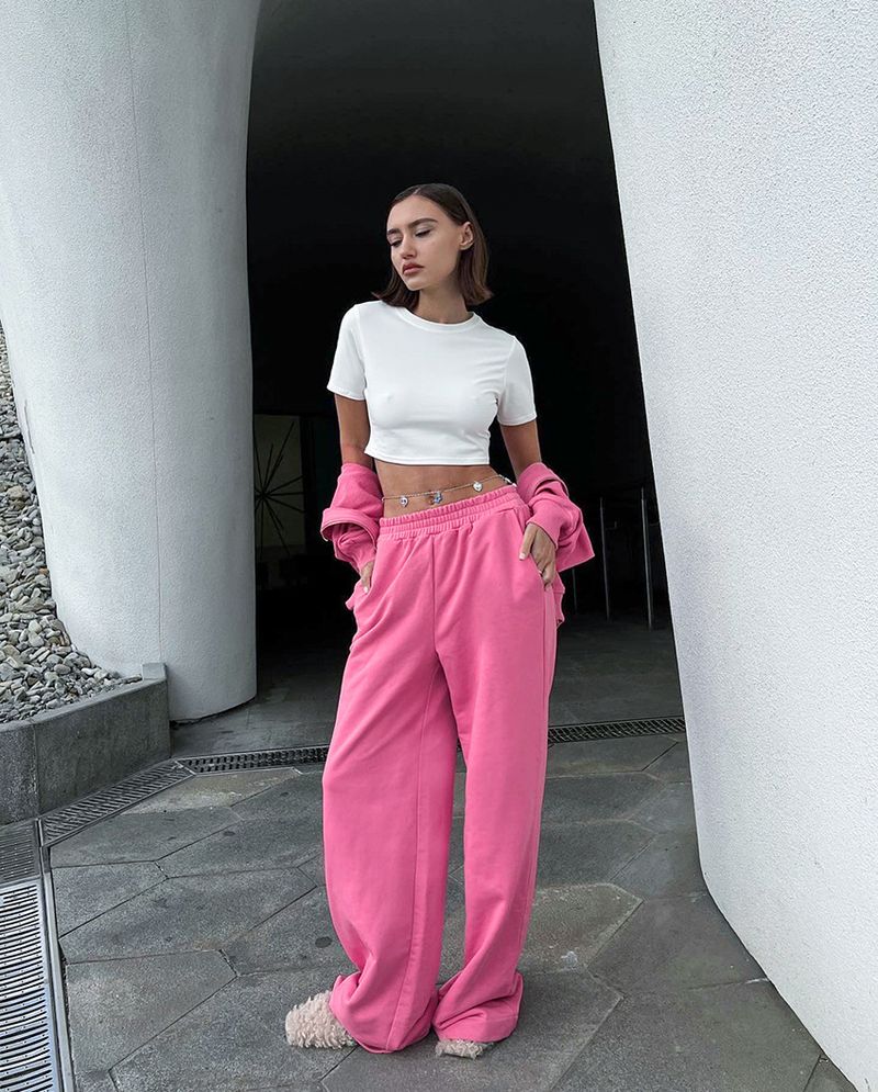 Sweat à capuche à la mode pour femmes, ensemble deux pièces en molleton rose et pantalon à capuche_voghion.com