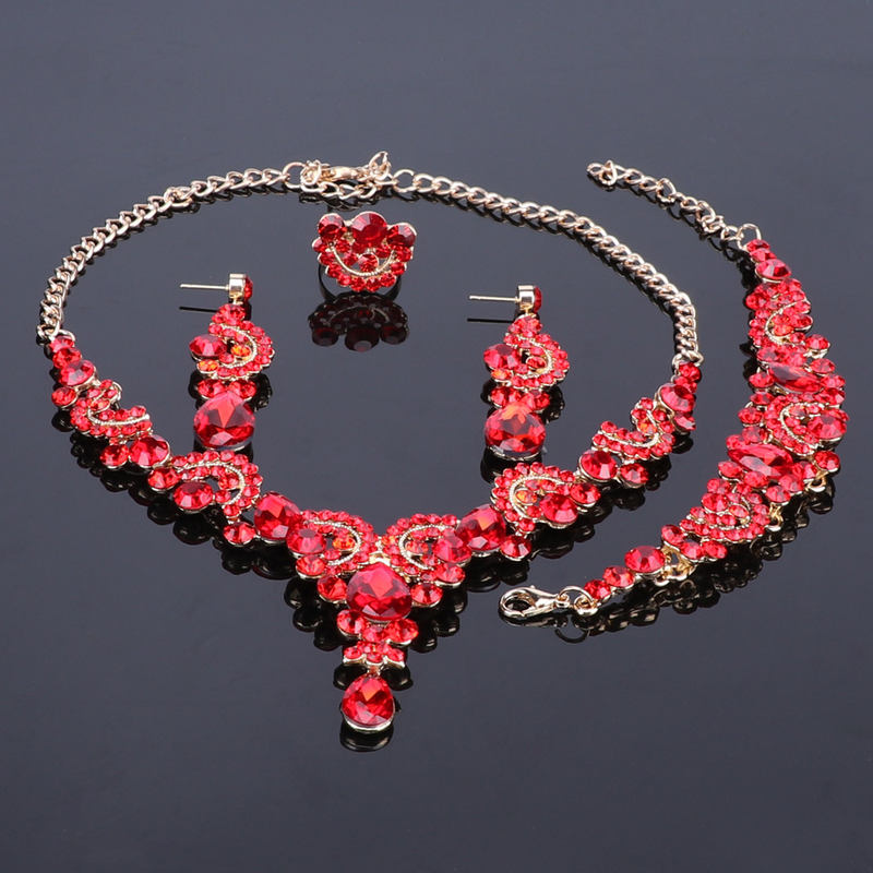 Luxuriöse Statement-Halskette, Ohrringe, Armband, Ring, Schmucksets für Frauen, Kristall-Lätzchen, goldfarbene Kette, Brautschmuck_voghion.com