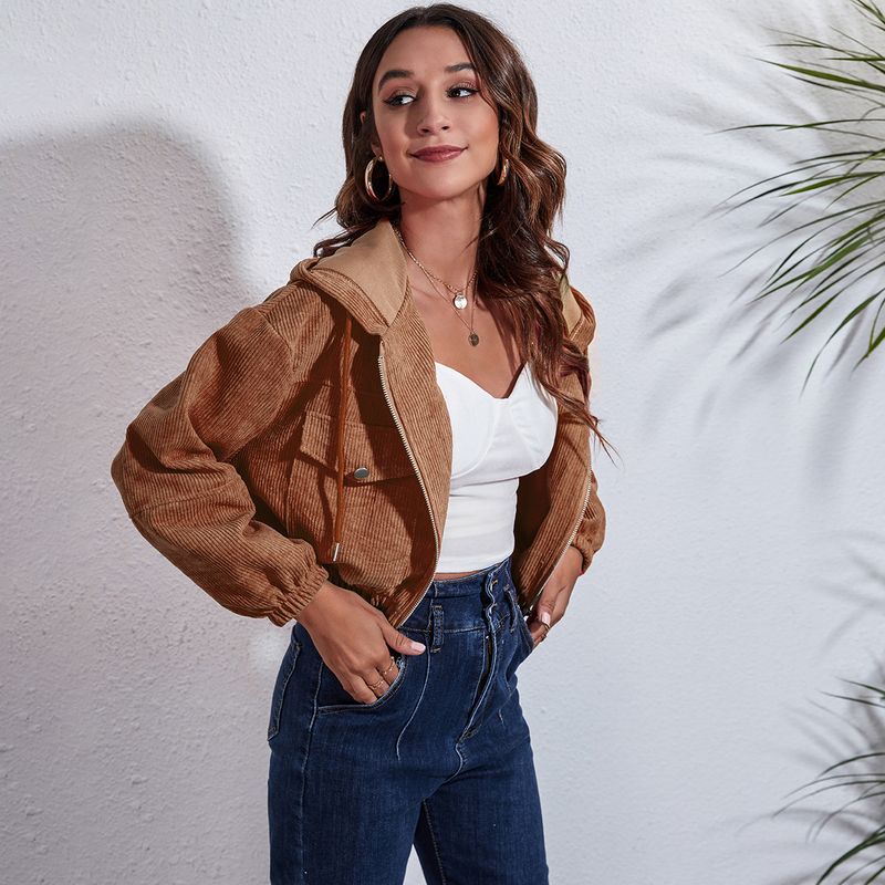 Giacca in velluto a coste con cappuccio, autunno inverno, ampia, con spalle cadenti, manica lunga, corta, moda donna_voghion.com