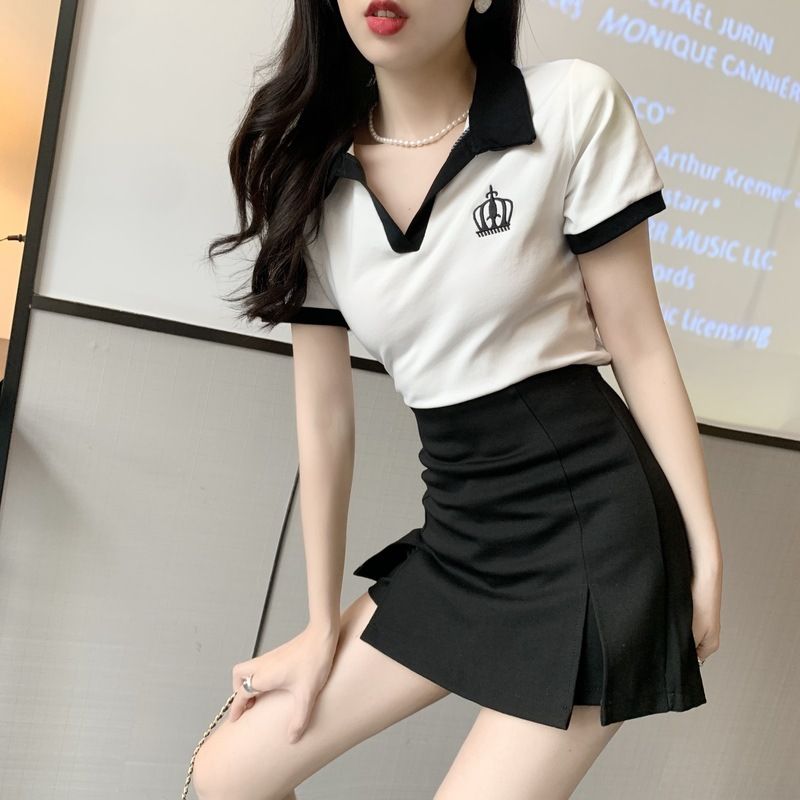 Cotton Petite Suit Women's Lapel Contrasting Short Top Slimming Half Split Shorts Skirt Two-Piece Set_voghion.com