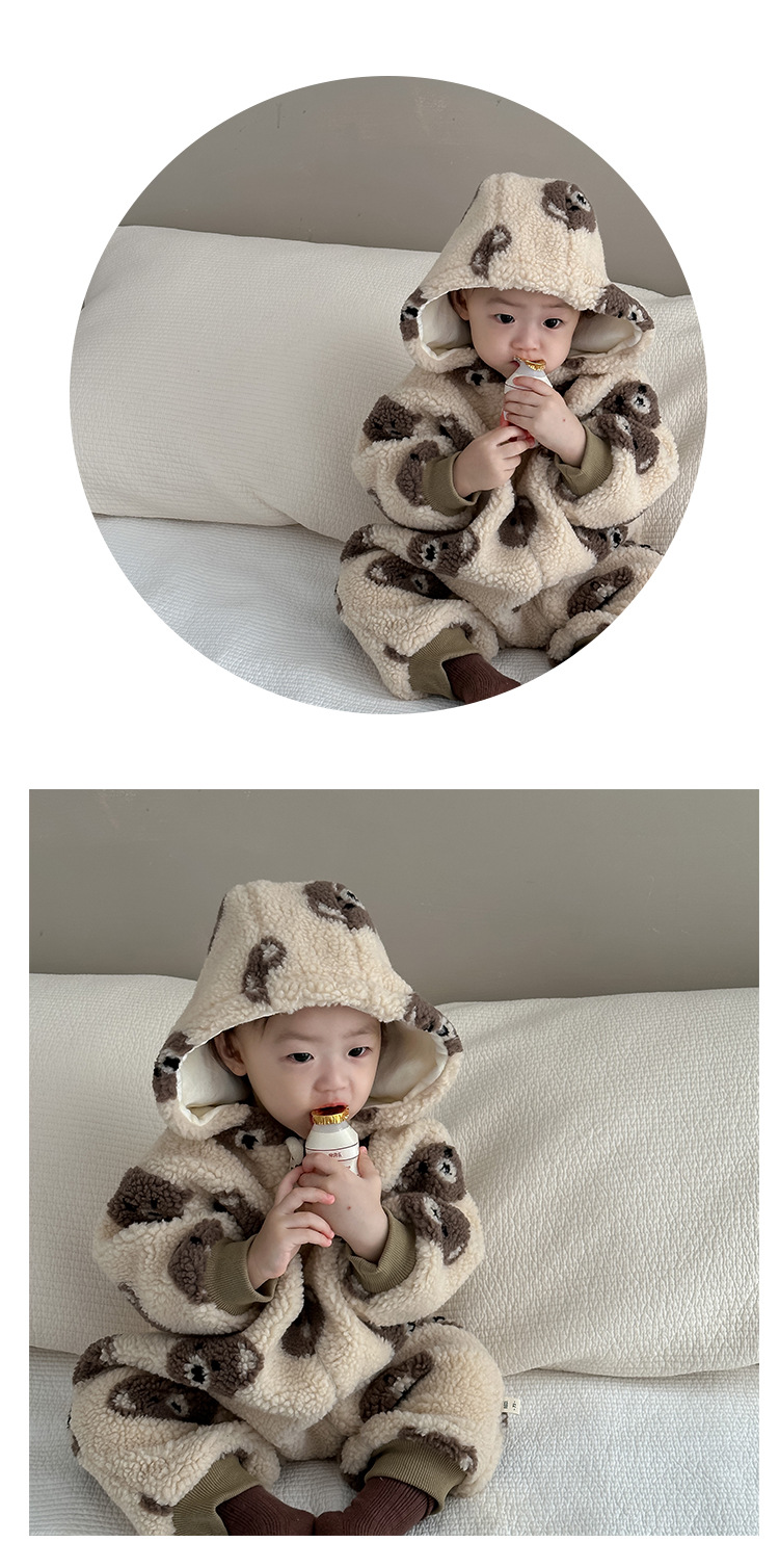Babykleding Herfst- en winterkleding babybeerkop bedrukt pluche kruippakje_voghion.com