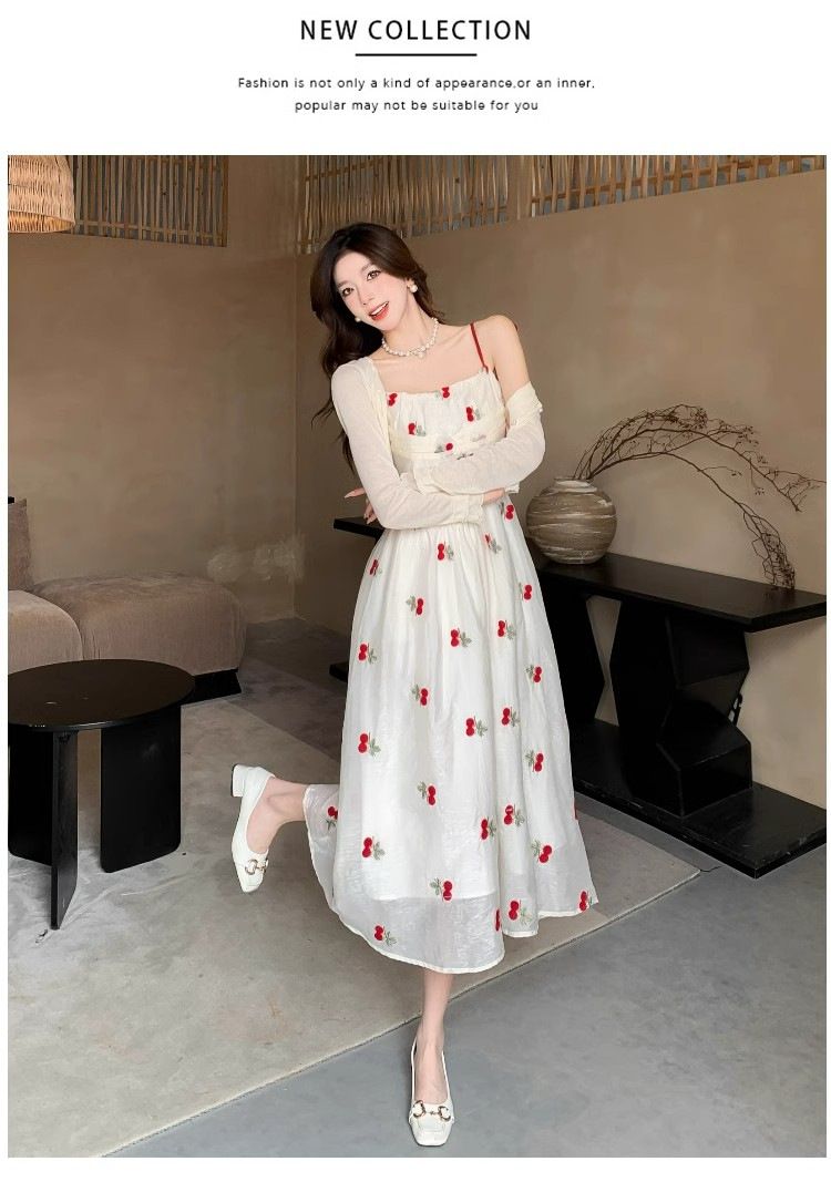 Taglie forti, abbigliamento da donna primaverile ed estivo con cinturino floreale francese per donne formose, snellente, bianco, base di nicchia lunga per pausa tè_voghion.com