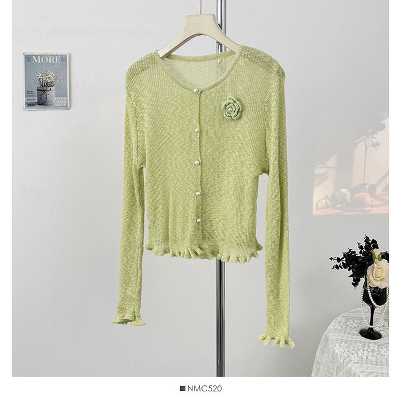 Damenbekleidung Dünnes Rundhals-Spleißen Blumen-Kurzes Langarm-Strick-Sonnenschutzhemd Sommer-Neues Slim Fit-Kleines Cardigan-Oberteil_voghion.com