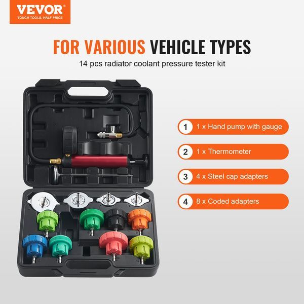 14 Pcs Universal Radiator Pressure Tester Kit, Coolant Pressure Tester Kit With Manual Pump And Color-coded Steel Test Cap Adapters, With Toolbox,_voghion.com