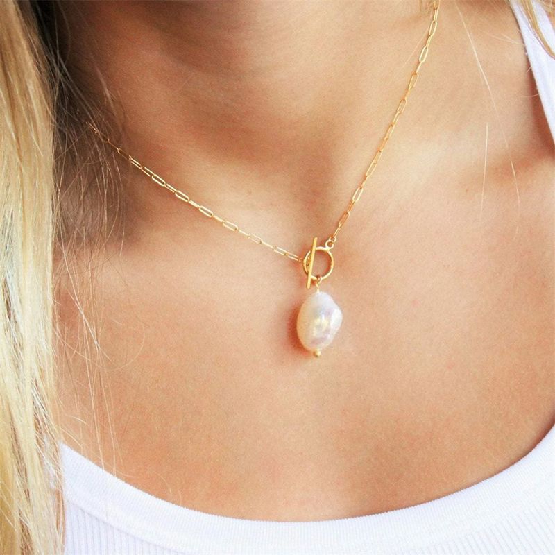 eManco Freshwater Pearl Toggle For Women Paperclip Necklace Stainless Steel Box Square Chain Long Choker_voghion.com