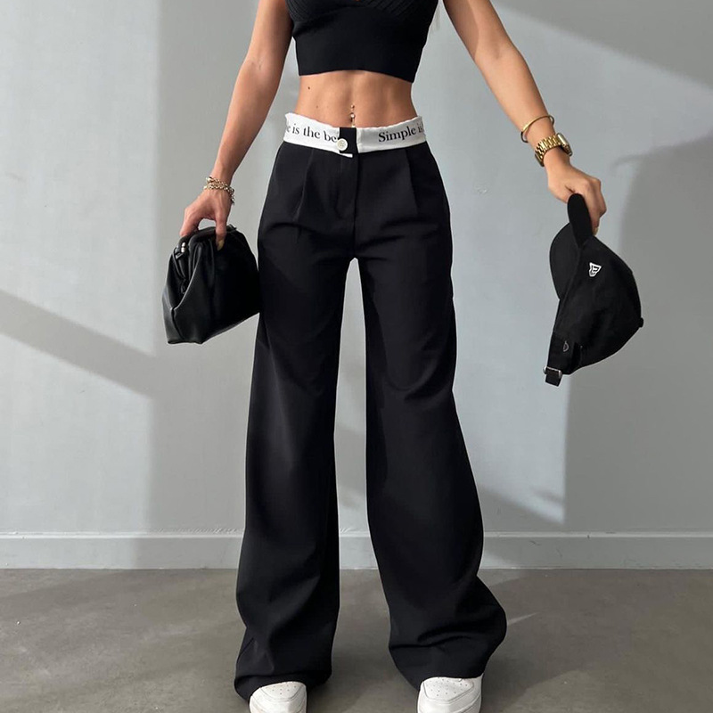 Women's Fashionable Casual Versatile Commuting Solid Color Trousers High Waist Straight Printed Contrast Color Trousers For Women_voghion.com