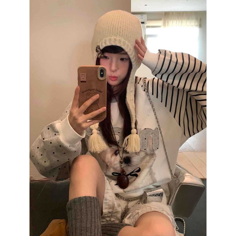 Maglione lavorato a maglia con paraorecchie a forma di cuore, in stile coreano, per donna, caldo e alla moda, con nappe, per autunno e inverno_voghion.com