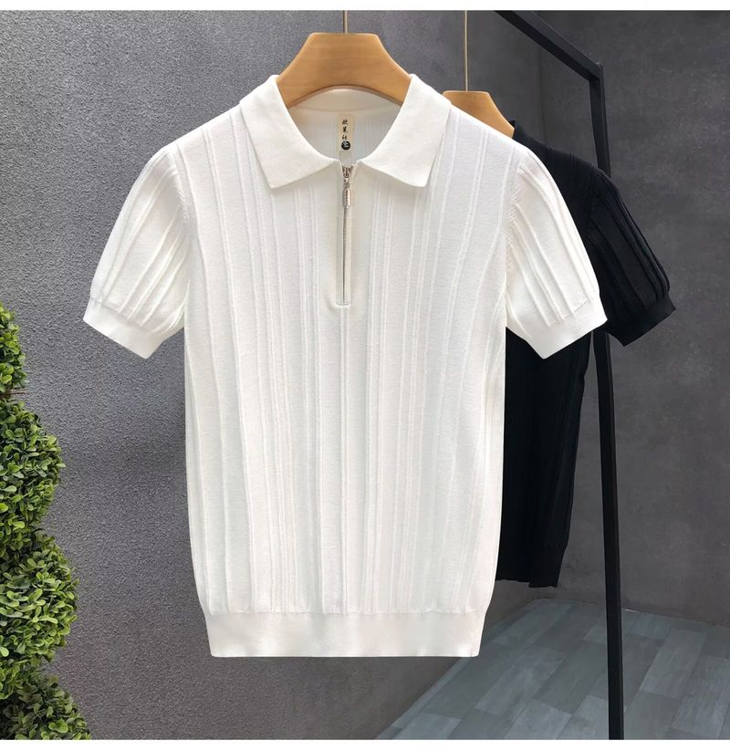 Polo da uomo con mezza cerniera, maglietta a maniche corte con risvolto in maglia, top estivi traspiranti in seta ghiacciata_voghion.com
