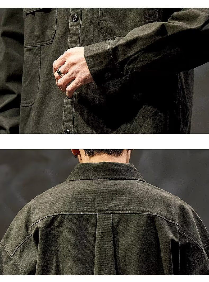 Camicia da lavoro vintage – Manica lunga oversize, tessuto elasticizzato, design multitasche, giacca casual robusta (M-5XL, capo essenziale per l'autunno)_voghion.com