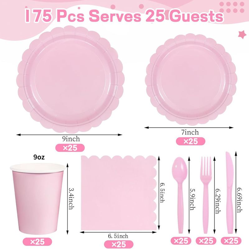 Set di stoviglie per feste in pizzo rosa per bambine, decorazioni in tinta unita, bicchieri di carta usa e getta, piatti di carta, tovaglioli di carta_voghion.com