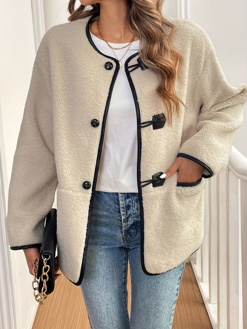 Women's Winter Fleece Coat Single Breasted Mid-Length Casual Jacket In Beige – Warm & Stylish Outerwear For Work & Daily Wear_voghion.com