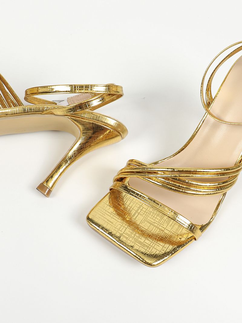 Damenschuhe, Sandalen mit Absatz, quadratischem Kopf und Stilettos in Gold, Ein-Wort-Schnalle, vielseitige, einfache und elegante Schuhe mit offenen Zehen und hohen Absätzen, goldene Schuhe_voghion.com