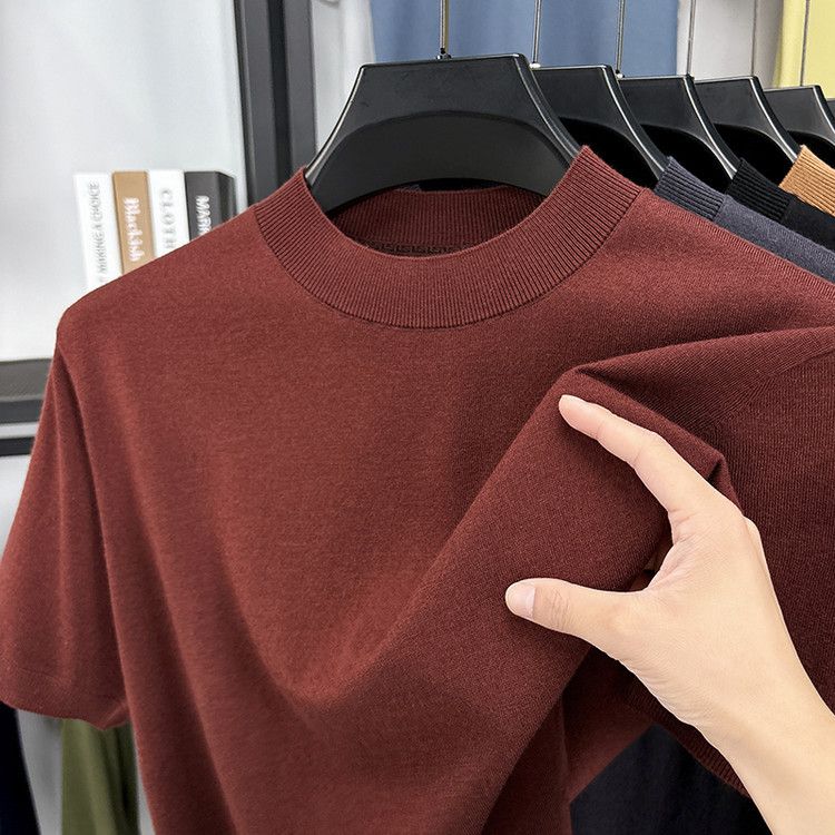 Kurzärmliges T-Shirt aus Maulbeerseide aus Wolle für Herren mit halbem Rollkragen, dünner blauer Strickpullover mit halben Ärmeln für Herren_voghion.com