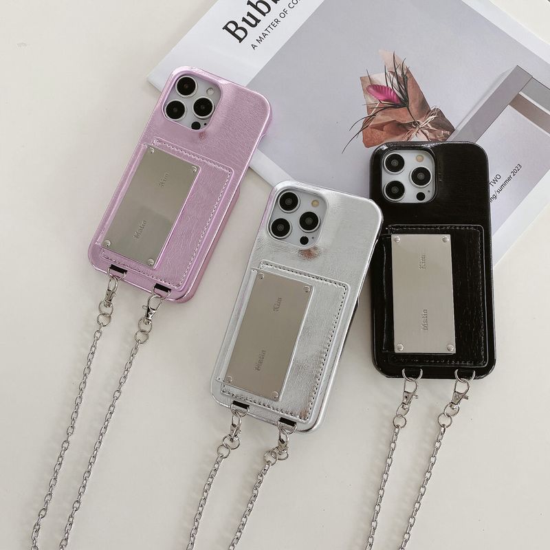Mobile phone case suitable for iPhone15 mobile phone case Apple 14promax diagonal card holder silver wrinkle mobile phone_voghion.com